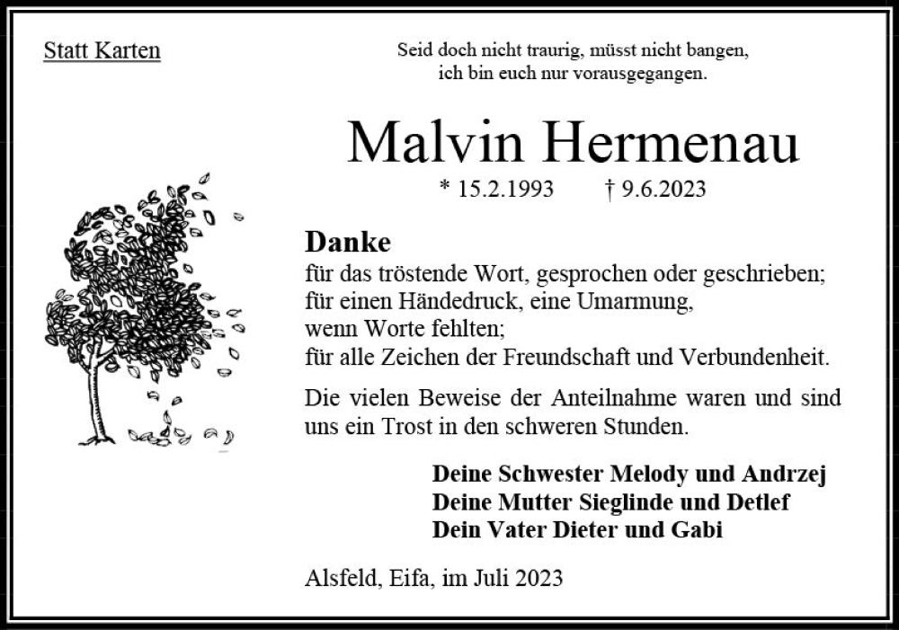  Traueranzeige für Malvin Hermenau vom 22.07.2023 aus Oberhessen Kurier