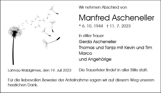 Traueranzeige von Manfred Ascheneller von Wetzlarer Neue Zeitung