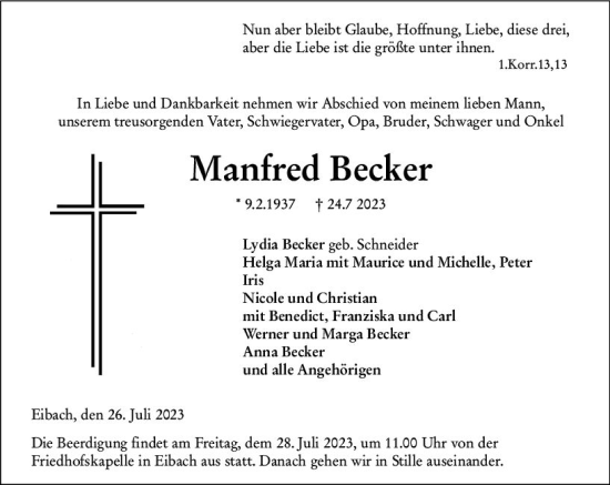 Traueranzeige von Manfred Becker von Dill Block