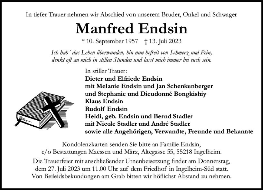  Traueranzeige für Manfred Endsin vom 22.07.2023 aus Allgemeine Zeitung Bingen/Ingelheim