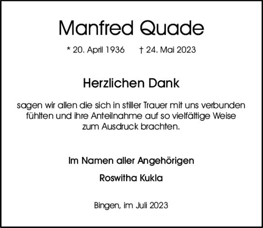  Traueranzeige für Manfred Quade vom 22.07.2023 aus Allgemeine Zeitung Bingen/Ingelheim