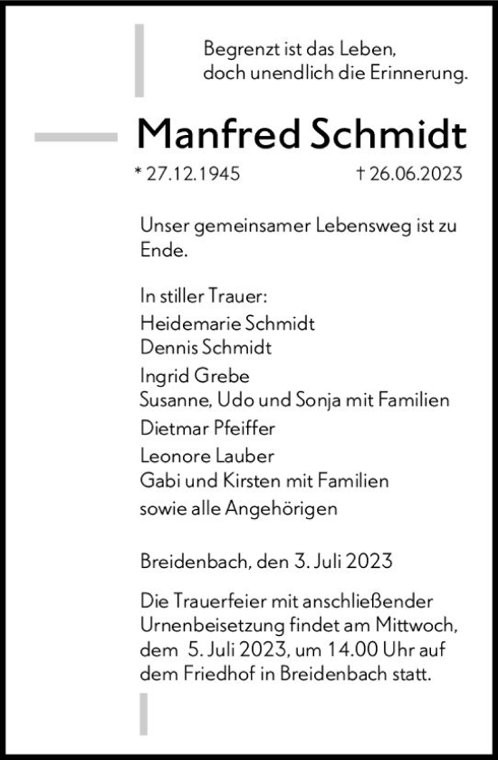 Traueranzeige von Manfred Schmidt von Hinterländer Anzeiger