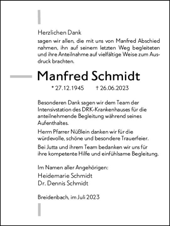 Traueranzeige von Manfred Schmidt von Hinterländer Anzeiger