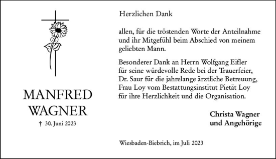 Traueranzeige von Manfred Wagner von Wiesbadener Kurier