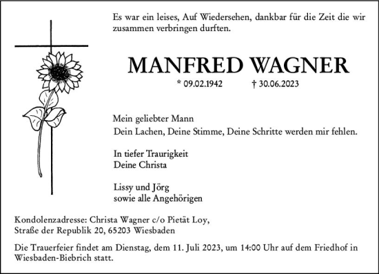 Traueranzeige von Manfred Wagner von Wiesbadener Kurier