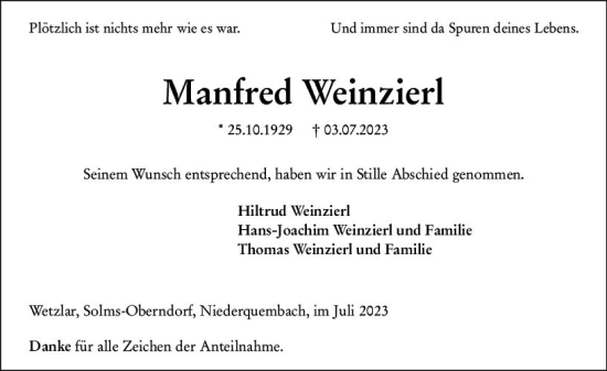 Traueranzeige von Manfred Weinzierl von Wetzlarer Neue Zeitung