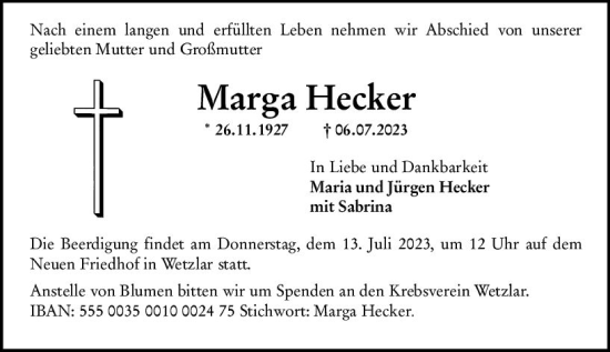 Traueranzeige von Marga Hecker von Wetzlarer Neue Zeitung