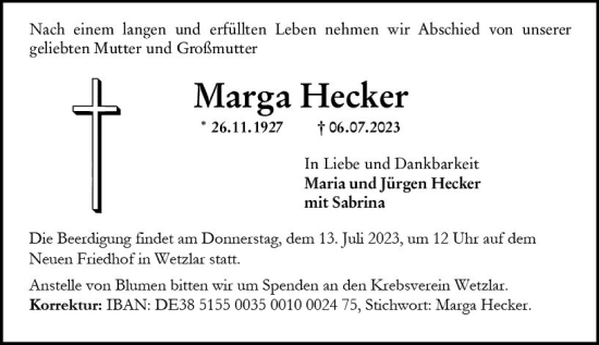 Traueranzeige von Marga Hecker von Wetzlarer Neue Zeitung
