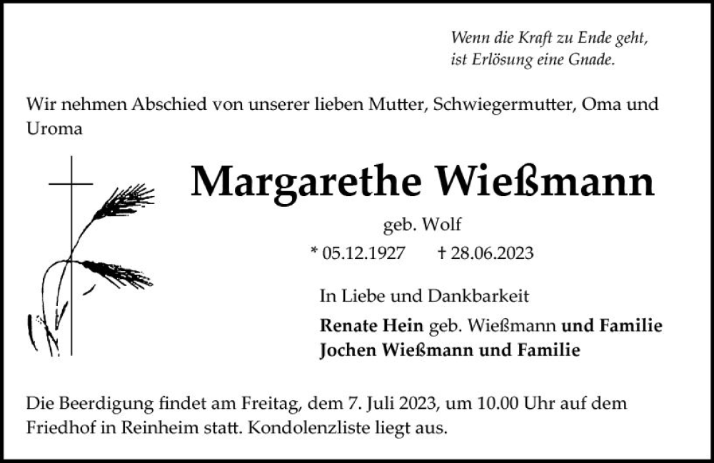 Traueranzeige für Margarethe Wießmann vom 03.07.2023 aus Darmstädter Echo