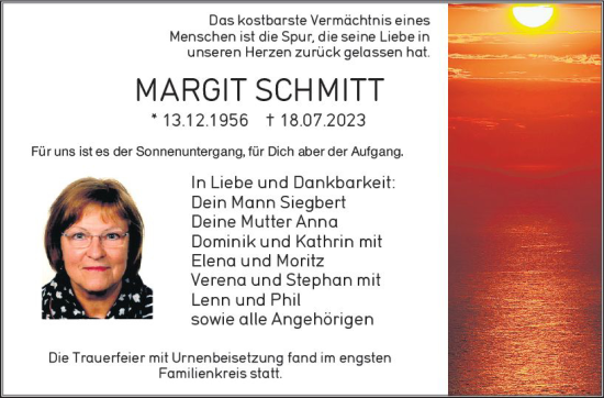 Traueranzeige von Margit Schmitt von Odenwälder Echo