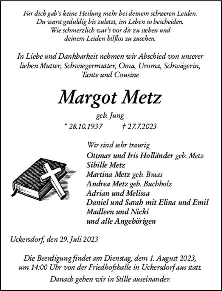  Traueranzeige für Margot Metz vom 29.07.2023 aus Dill Block