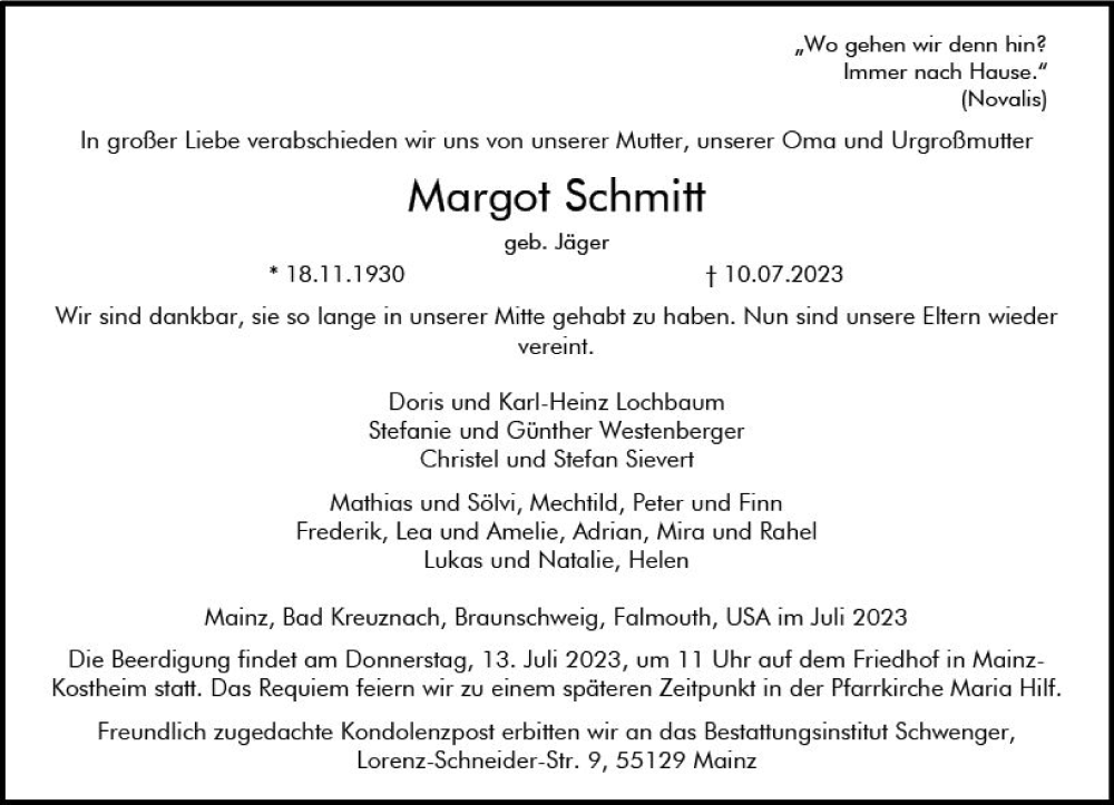  Traueranzeige für Margot Schmitt vom 13.07.2023 aus Allgemeine Zeitung Mainz