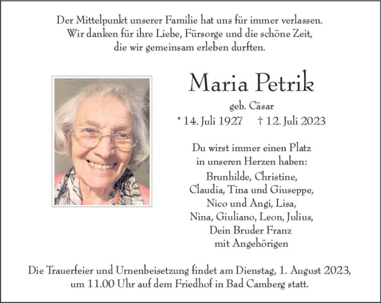 Traueranzeige von Maria Petrik von Camberger Anzeiger