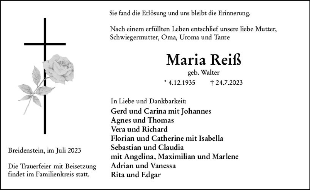  Traueranzeige für Maria Reiß vom 26.07.2023 aus Hinterländer Anzeiger