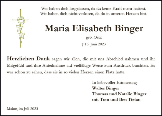 Traueranzeige von Maria Elisabeth Binger von Allgemeine Zeitung Mainz