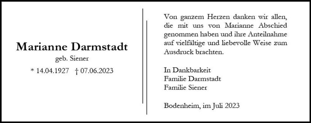  Traueranzeige für Marianne Darmstadt vom 08.07.2023 aus Allgemeine Zeitung Mainz