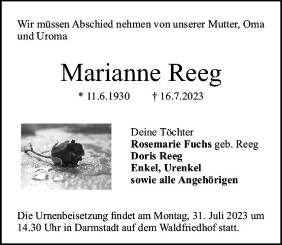 Traueranzeige von Marianne Reeg von Darmstädter Echo