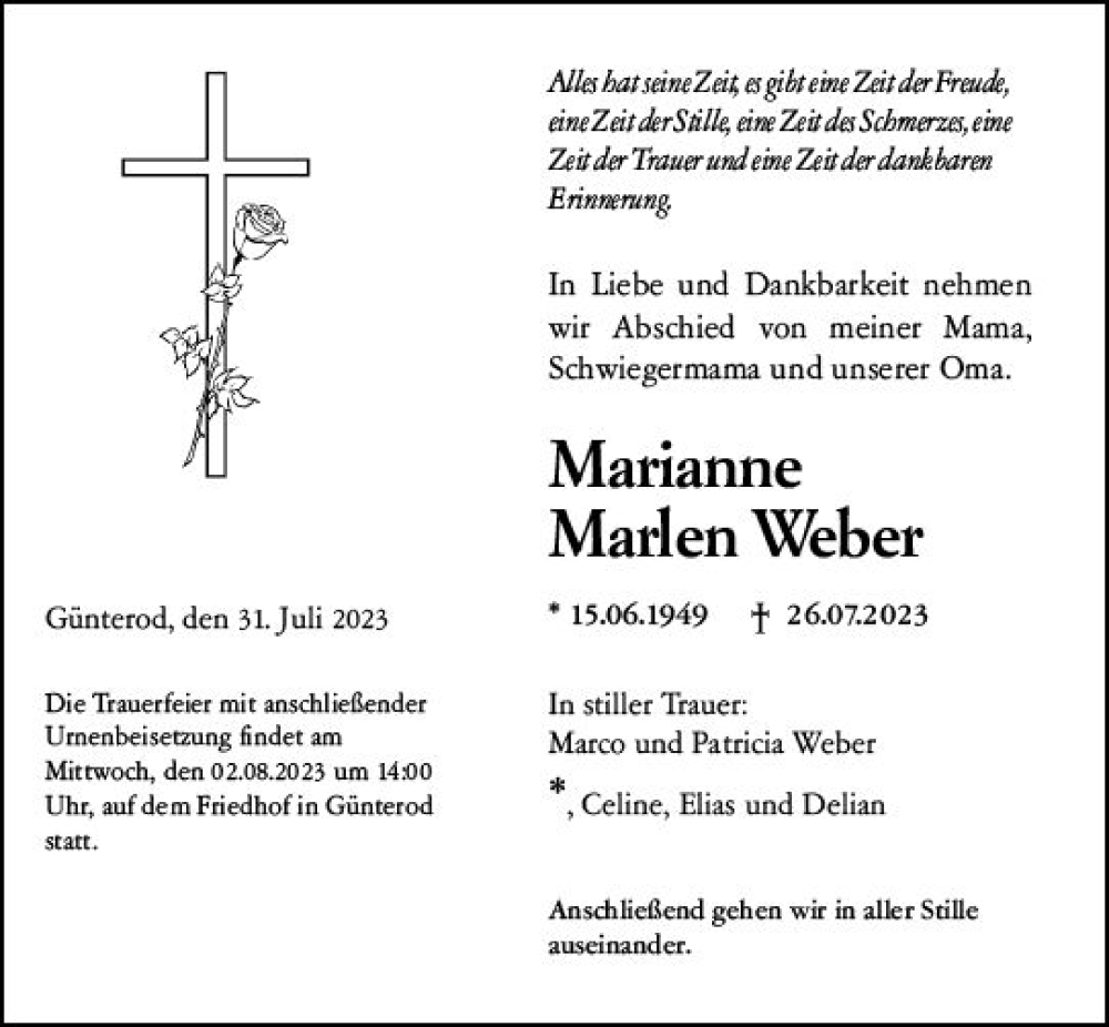  Traueranzeige für Marianne Marlen Weber vom 31.07.2023 aus Dill Block