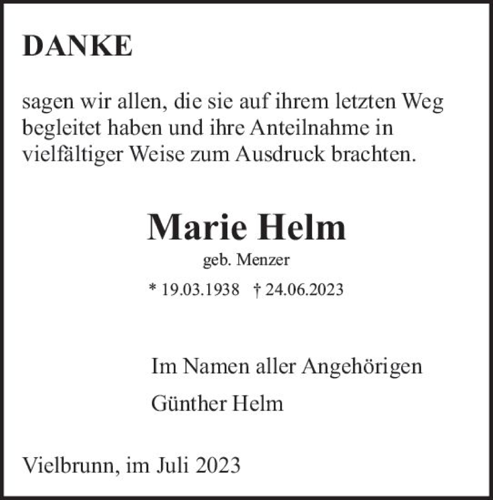  Traueranzeige für Marie Helm vom 22.07.2023 aus Odenwälder Echo