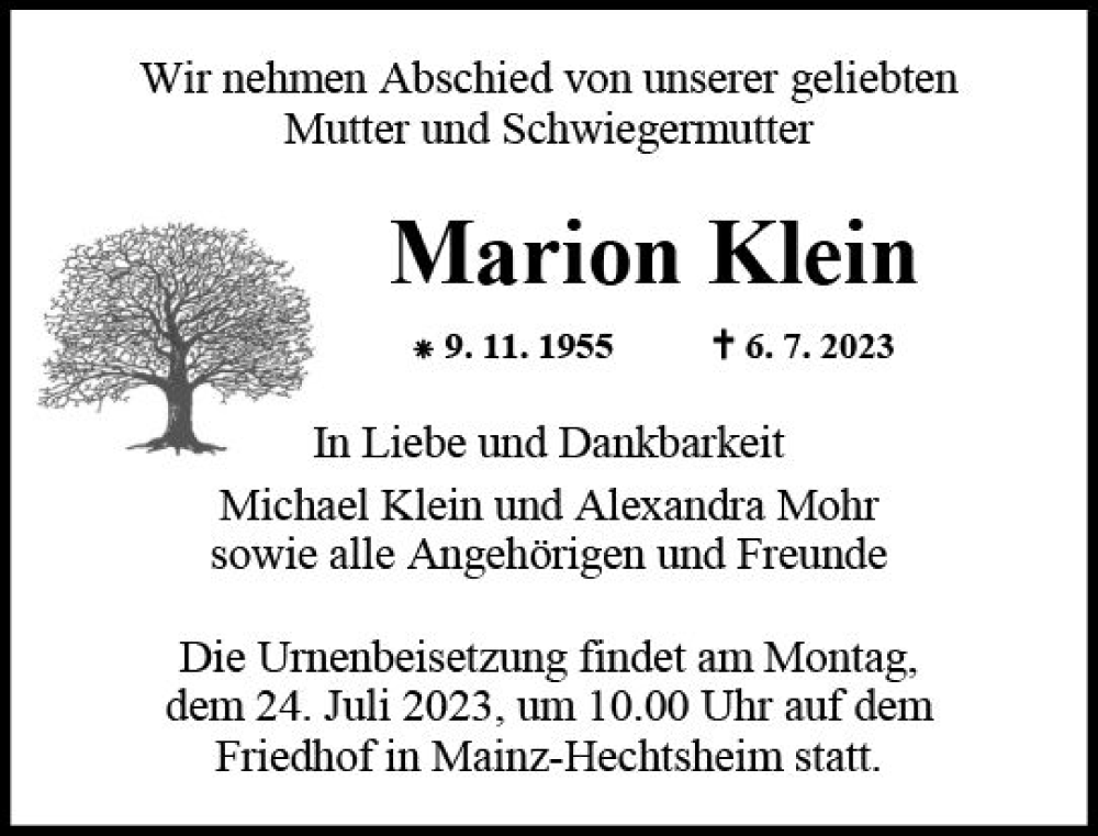  Traueranzeige für Marion Klein vom 15.07.2023 aus Allgemeine Zeitung Mainz