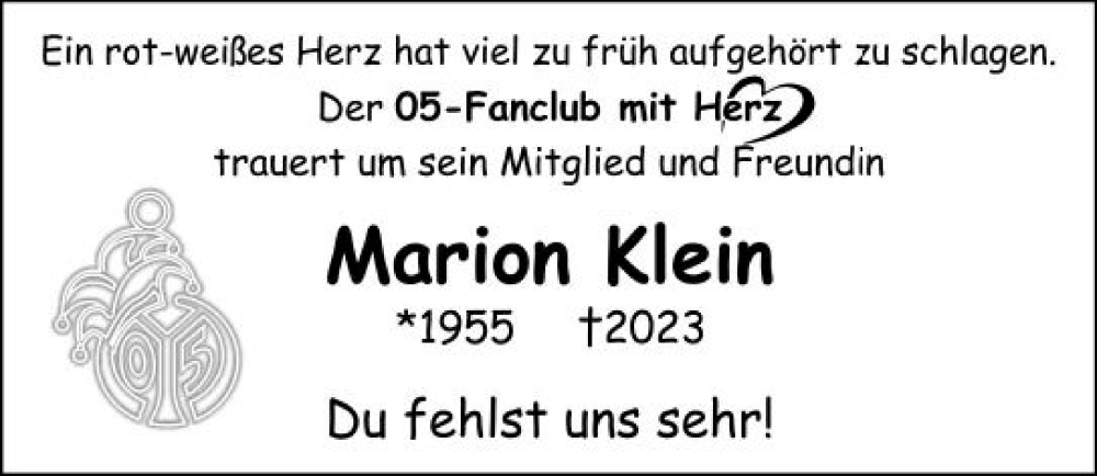  Traueranzeige für Marion Klein vom 22.07.2023 aus Allgemeine Zeitung Mainz