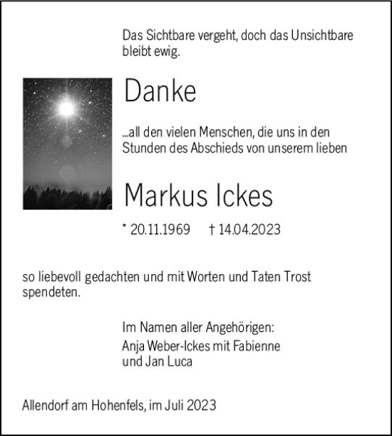 Traueranzeige von Markus Ickes von Hinterländer Anzeiger