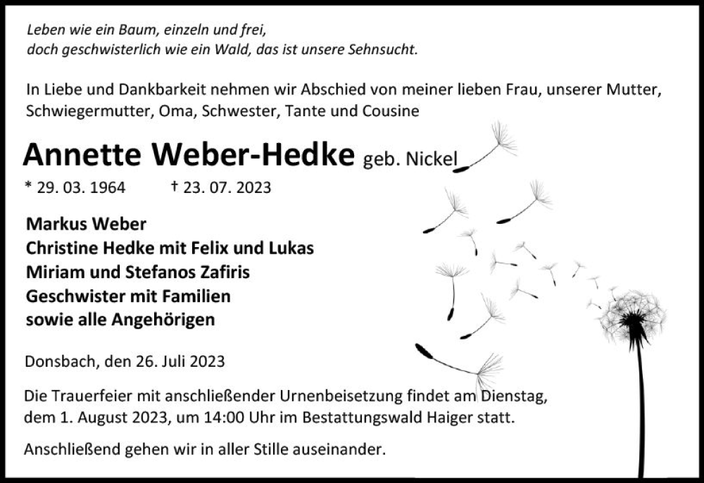  Traueranzeige für Annette Weber-Hedke vom 26.07.2023 aus Dill Block