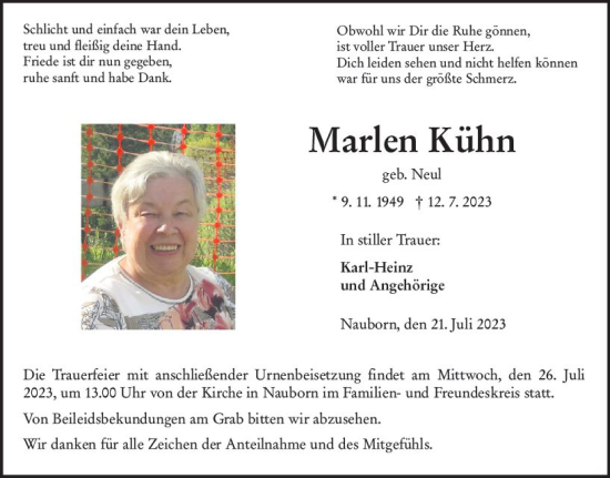 Traueranzeige von Marlen Kühn von Wetzlarer Neue Zeitung