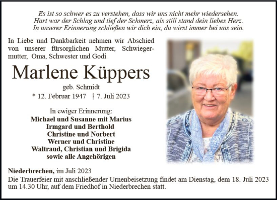Traueranzeige von Marlene Küppers von Camberger Anzeiger