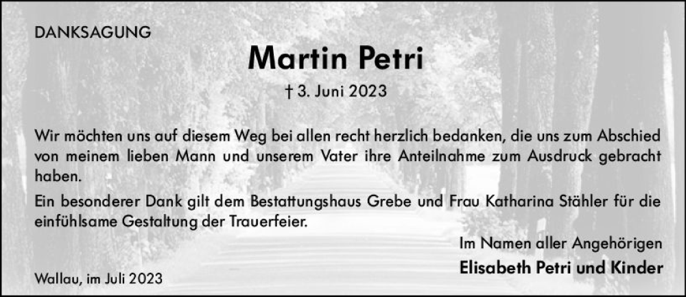 Traueranzeige für Martin Petri vom 08.07.2023 aus Hinterländer Anzeiger
