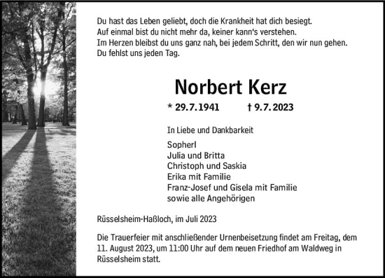 Traueranzeige von Norbert Kerz von Rüsselsheimer Echo