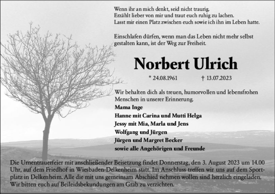 Traueranzeige von Norbert Ulrich von Wiesbadener Kurier