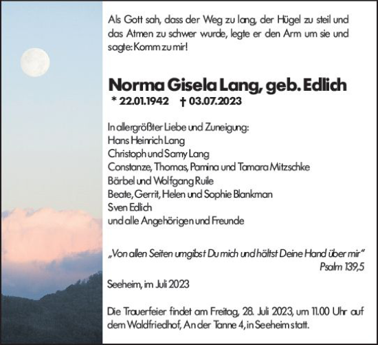 Traueranzeige von Norma Gisela Lang von Darmstädter Echo