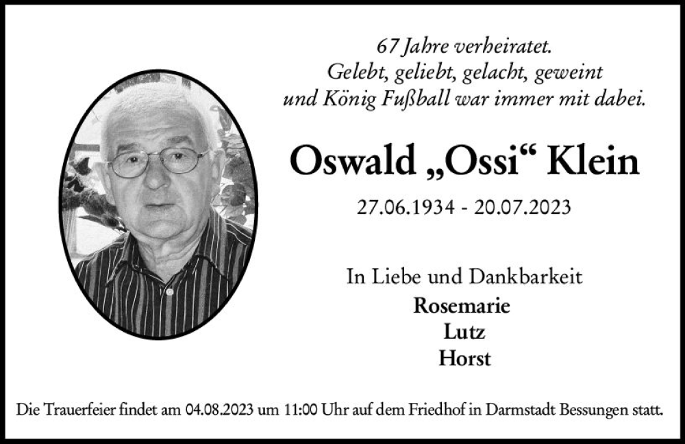  Traueranzeige für Oswald Klein vom 29.07.2023 aus Darmstädter Echo