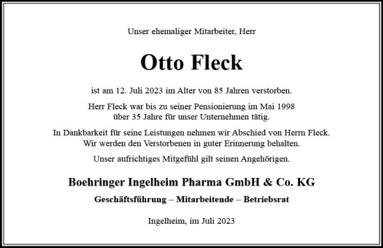 Traueranzeige von Otto Fleck von Allgemeine Zeitung Bingen/Ingelheim
