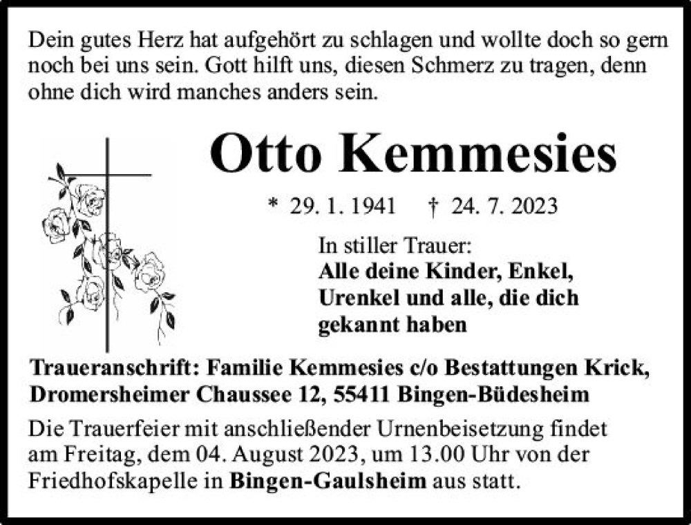 Traueranzeige für Otto Kemmesies vom 29.07.2023 aus Allgemeine Zeitung Bingen/Ingelheim