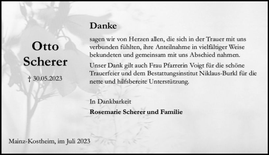 Traueranzeige von Otto Scherer von Allgemeine Zeitung Mainz