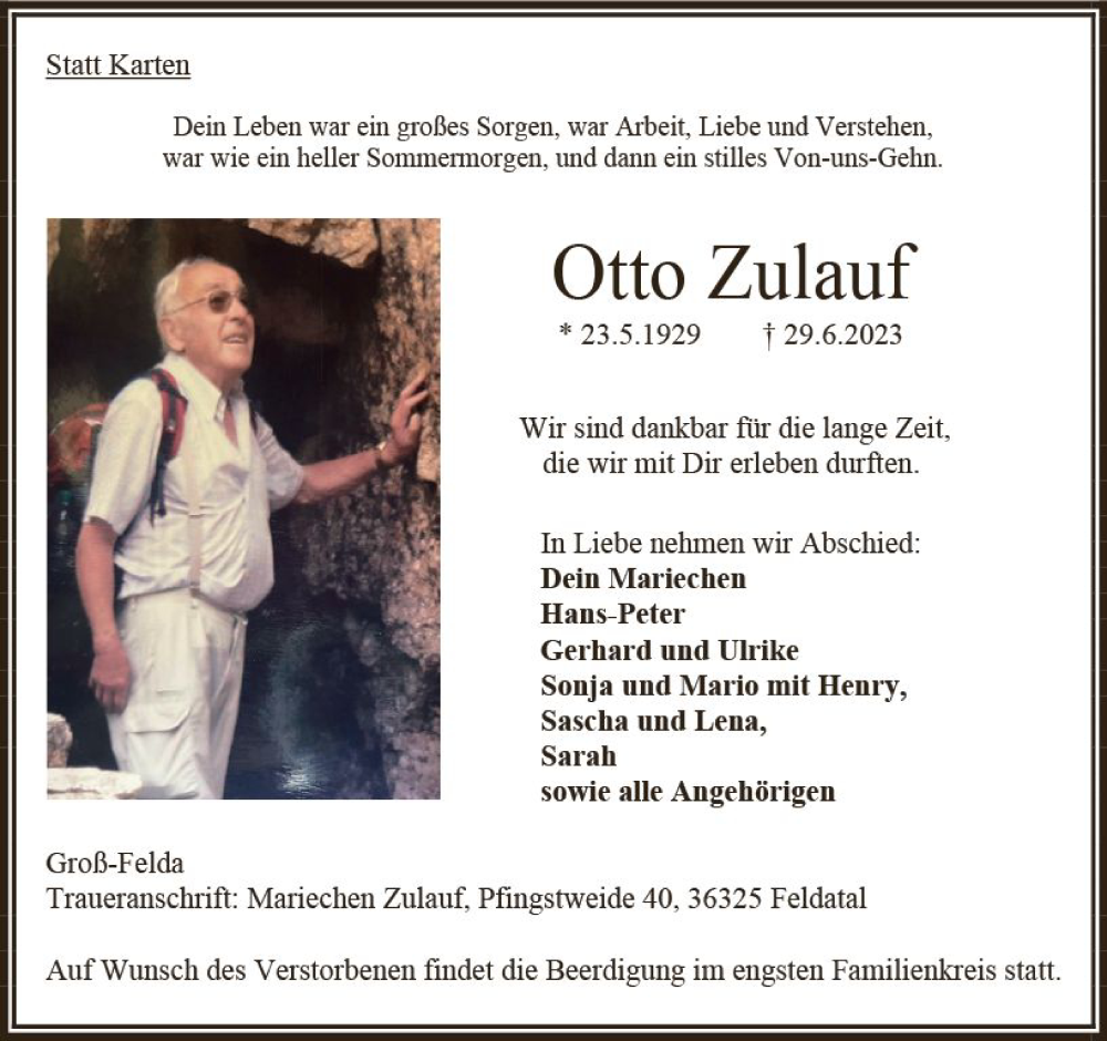  Traueranzeige für Otto Zulauf vom 04.07.2023 aus VRM Trauer