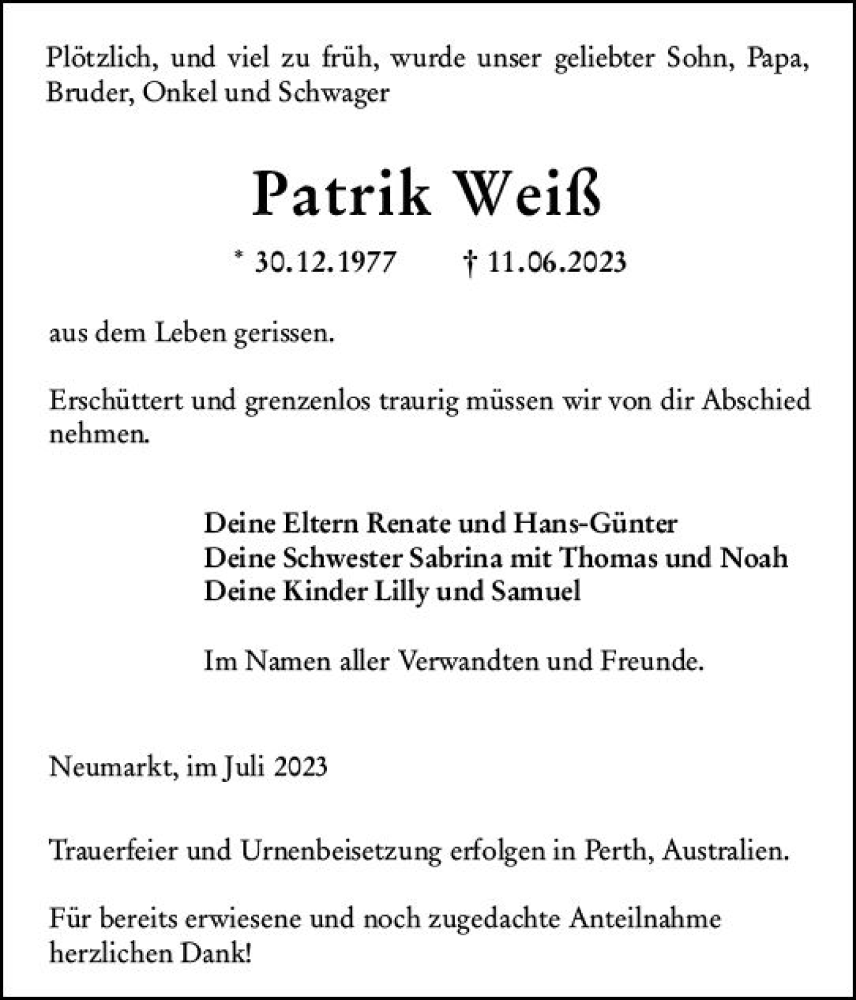  Traueranzeige für Patrik Weiß vom 22.07.2023 aus Wormser Zeitung