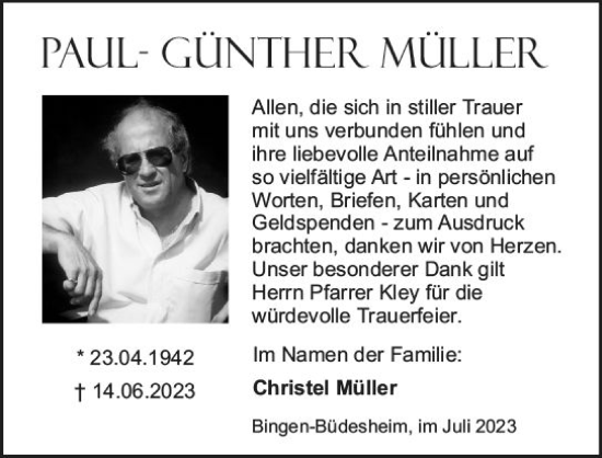 Traueranzeige von Paul-Günther Müller von Allgemeine Zeitung Bingen/Ingelheim