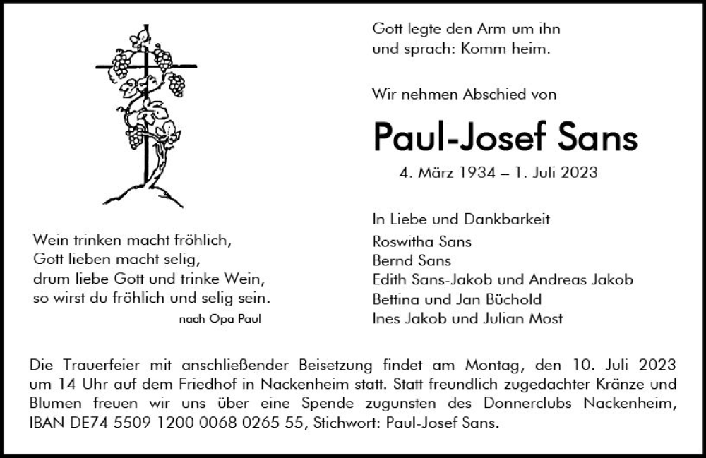  Traueranzeige für Paul-Josef Sans vom 06.07.2023 aus Allgemeine Zeitung Mainz