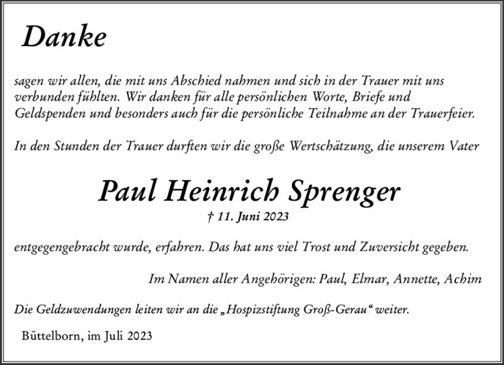  Traueranzeige für Paul Heinrich Sprenger vom 15.07.2023 aus Groß-Gerauer Echo
