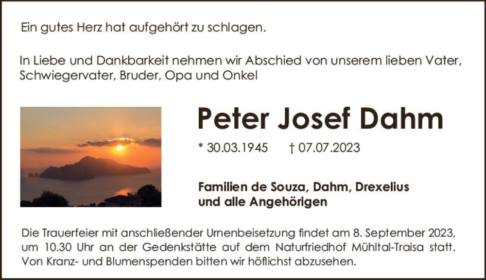  Traueranzeige für Peter Josef Dahm vom 15.07.2023 aus Darmstädter Echo