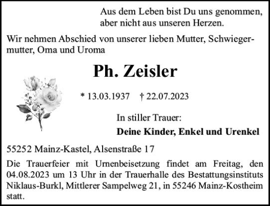Traueranzeige von Ph Zeisler von Allgemeine Zeitung Mainz