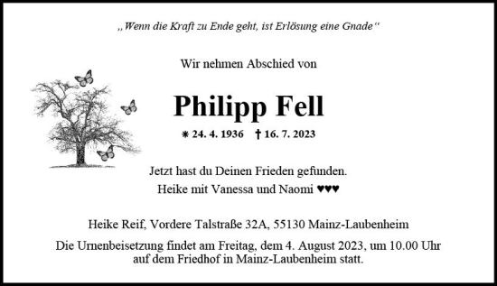Traueranzeige von Philipp Fell von Allgemeine Zeitung Mainz