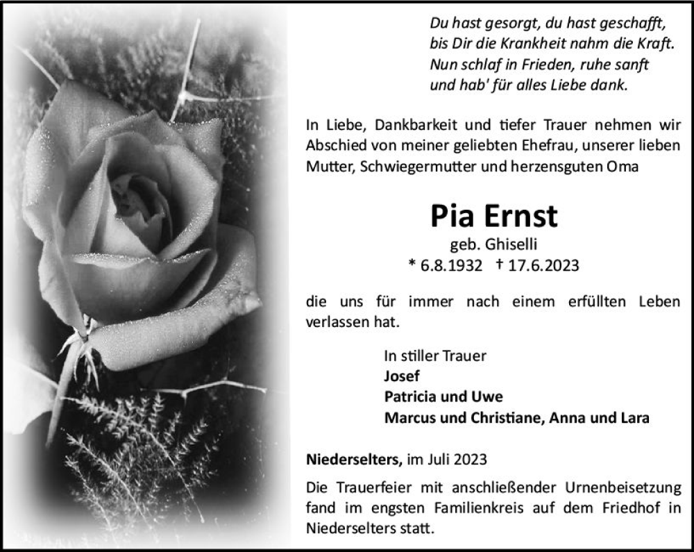  Traueranzeige für Pia Ernst vom 06.07.2023 aus Camberger Anzeiger