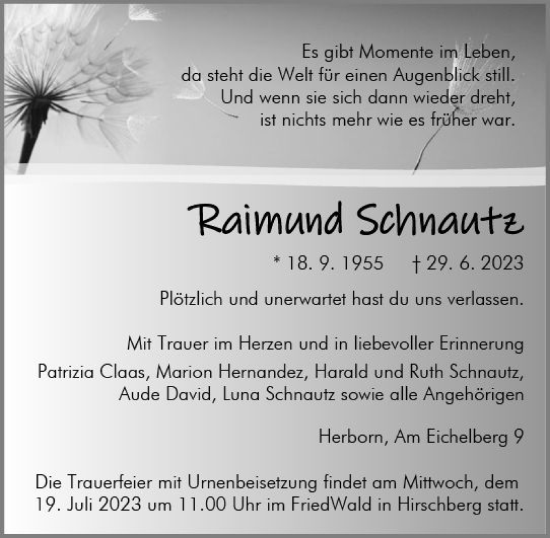 Traueranzeige von Raimund Schnautz von Dill Block