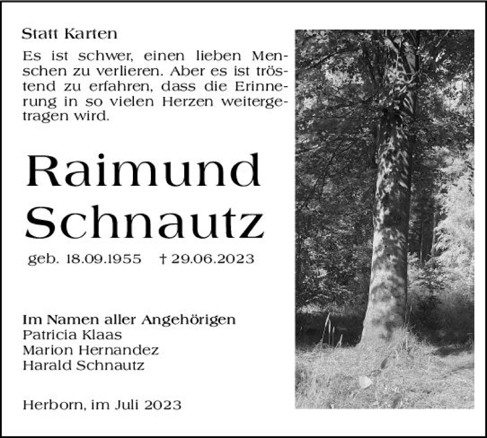  Traueranzeige für Raimund Schnautz vom 25.07.2023 aus Dill Block