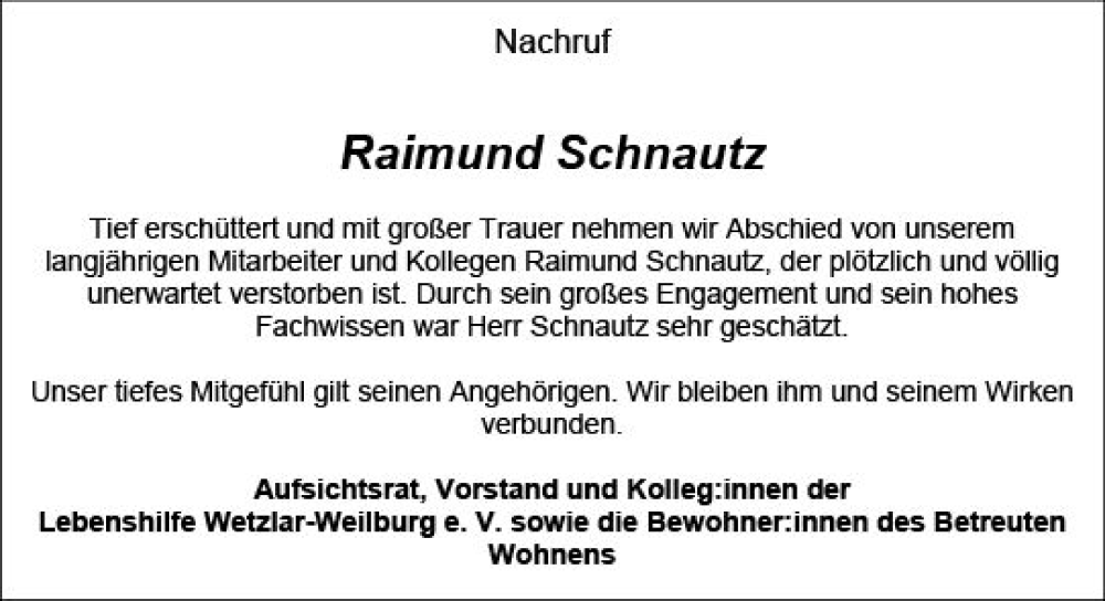  Traueranzeige für Raimund Schnautz vom 22.07.2023 aus Weilburger Tageblatt