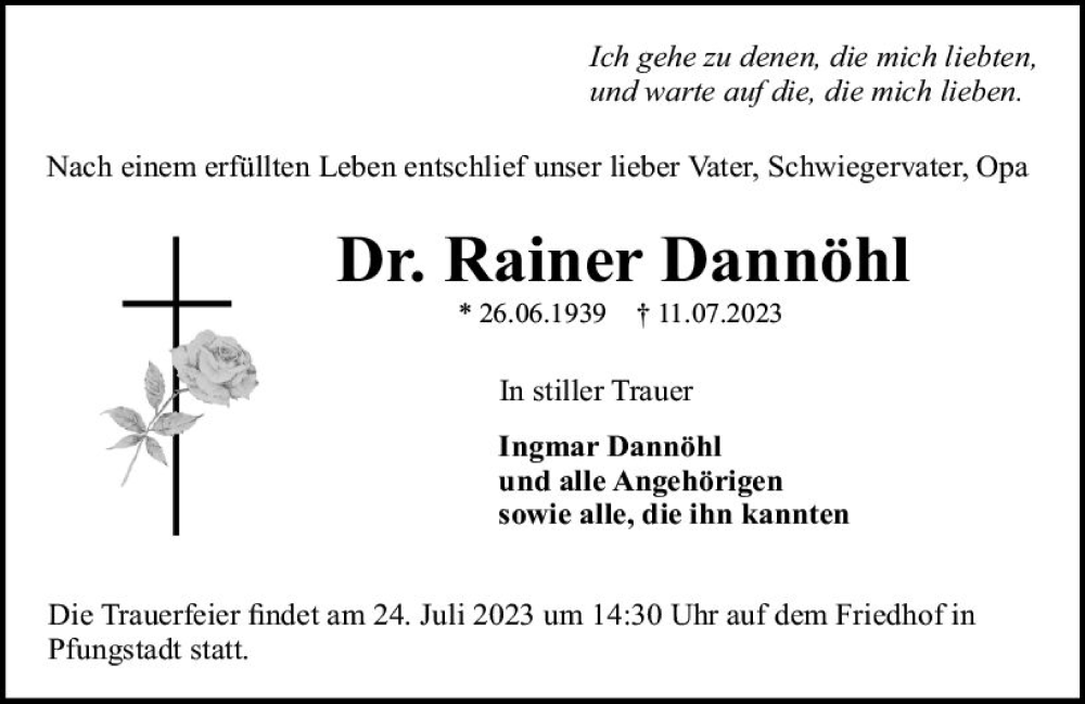  Traueranzeige für Rainer Dannöhl vom 22.07.2023 aus Darmstädter Echo